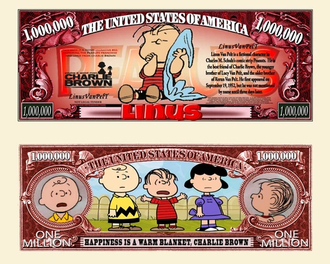 Linus Van Pelt Peanuts Million Dollar Bill Funny Money Novelty Note +FREE SLEEVE Cover