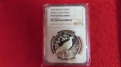 1994 Bhutan  300 Ngultrums Endangered Wildlife Silver Coin PF 69 Ultra cameo NGC - Image 1 of 4