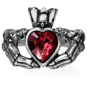 Alchemy Gothic Claddagh by Night Skeleton Hands Red Heart Crystal Ring Love R210 - Picture 1 of 7