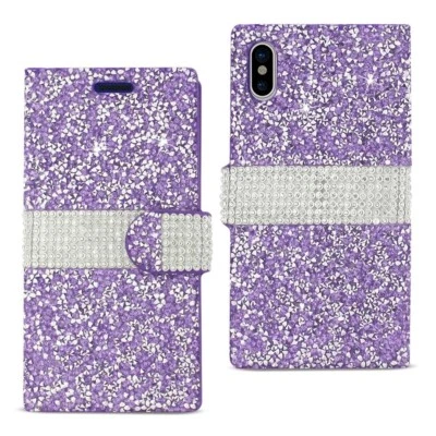 For iPhone X XS Case Wallet Shiny Bling Rhinestone Cover with Card Pocket Purple - Image 1 of 4