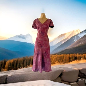 Vintage Monsoon Burgundy Silk Cocktail Midi Dress UK 16 (EUR 44) US 10 - Picture 1 of 20