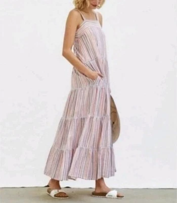 Sundry Anthropologie Striped Tiered Cotton Light Pink Blue Maxi Sun Dress Size 2 - Image 1 of 4