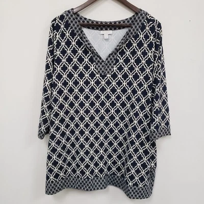 Charter Club Womens Geometric Top Size 2X Blue 3/4 Sleeve Boho Office Casual - Image 1 of 4