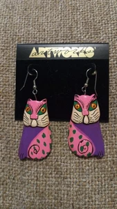 Vintage Ohrringe 80er / 90er Crazy Cat handbemalt Ohrhänger Holz - Bild 1 von 12