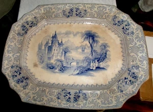 antique HUGE 4lb+ Transferware Ironstone ? Blue and White Platter 18x14" plate - Picture 1 of 21