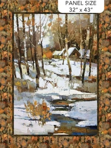 Northcott First Snow Stream House Leaves Tree Wood Winter 100% Cotton Panel - Picture 1 of 4