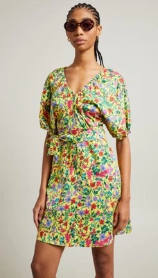 Max Mara Weekend Curvone Cotton Yellow Floral V-Neck Belted Dress Size 14 $485 - Image 1 of 4