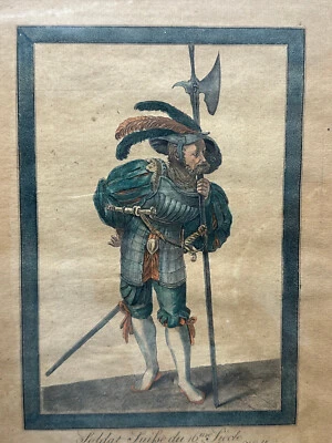 ANTIKE RADIERUNG VON 1790 HANDKOLORIERT SCHWEIZER SOLDAT AUS DEM 16-ten JH - Bild 1 von 4