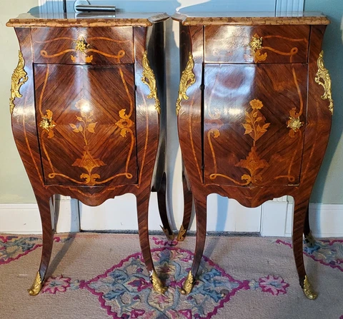 Pair French Bombay Commodes Marquetery,  Bronze , Marble Top Louis XV 19th C Cover