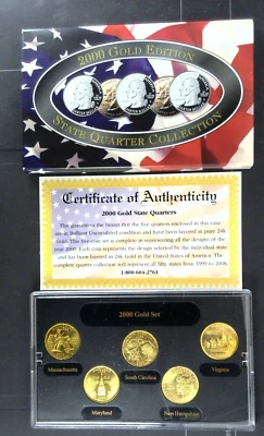 2000-D 24K Gold Plated Statehood Quarters - VA, SC, NH, MA, MD - Box & COA - Image 1 of 4