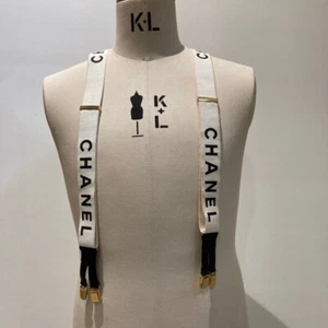 CHANEL Vintage CC Logo Letter Suspender Belt Cream Black Gold Cotton Leather - Picture 1 of 8