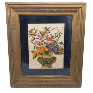 Antik 19. Jahrhundert Reispapier chinesischer Blumenstrauß Aquarell schwere BESCHÄDIGUNG - Bild 1 von 24