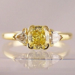 1.80Ct Cushion Canary Diamond Three Stone Engagement Ring 14K Yellow Gold Finish - Picture 1 of 7