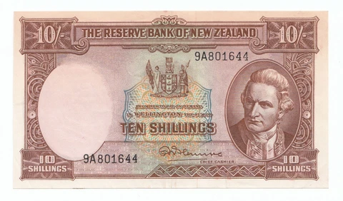 1956 - 1967 New Zealand R.N. Fleming 10 Shilling Note aEF Cover