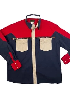 Vintage Rustler Men's Pearl Snap Button XL Long Sleeve Navy Red Tan Western - Picture 1 of 11