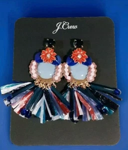 J.Crew Raffia Fringe Earring Vintage Peri Blue Multi-Color Gold Plated Brass New - Picture 1 of 13