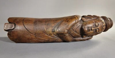 Antique Chinese Carved Bamboo Reclining Sleeping Buddha Pillow Cushion - Image 1 of 4