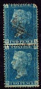1858-76 QV 2d Blue Pair SG47 Plate 13 Letters QL & RL Good Used - Picture 1 of 2