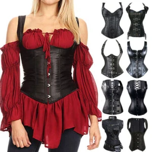 Womens Black Overbust Boned Corset Ladies Burlesque Basque Tops Lace-Up Costume  - Picture 1 of 21