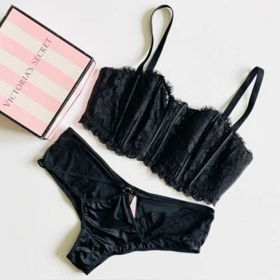 LARGE Victoria’s Secret black lace corset bandeau bra set strappy cheeky panties - Image 1 of 4