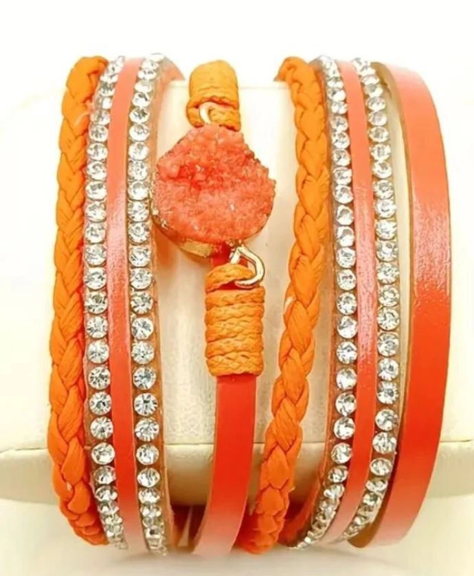 Orange Leather multi strand with gold magnetic closure. multi wrap  approx 15.5 - Image 1 of 1