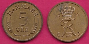 DENMARK 5 ORE 1972 S-S FREDERIK IX,CROWNED F IX R MONOGRAM,DIVIDES DATE  - Picture 1 of 1