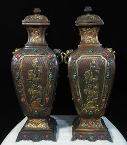 12.2" Old China Copper Gems Dynasty Palace Flower Bottle Vase Pair - Picture 1 of 9