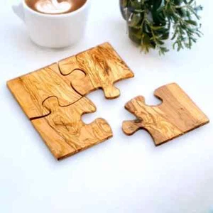 Unique Olive Wood Puzzle Coaster Set - Handcrafted Interlocking Table Protectors - Picture 1 of 5