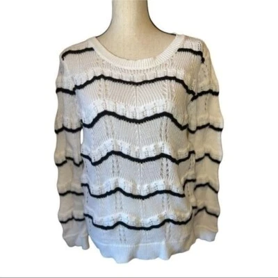 Skies Are Blue Open-Knit White & Black Striped Long Sleeve Sweater Womens Size L - Image 1 of 4