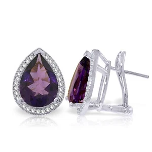 14K. SOLID GOLD FRENCH CLIPS EARRING WITH NATURAL DIAMONDS & AMETHYSTS White G. - Picture 1 of 5