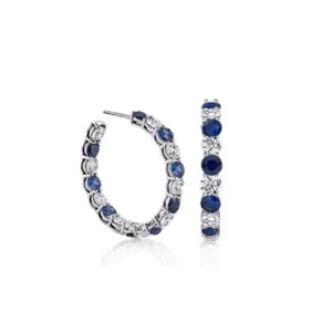 925 Sterling Silver White & Sapphire CZ Hoop Earrings Jewelry Gift For Women - Picture 1 of 9