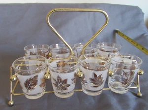 8 Libbey Golden Autumn Foliage Glass shot glass set W/Gold Trim & Metal Carrier - Picture 1 of 11
