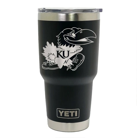 KANSAS JAYHAWKS YETI Laser Engraved 20 or 30 oz. Black Stainless Steel Tumbler Cover