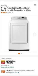 DVG47CG3500WA3 Samsung - 7.4 Cu. Ft. Smart Gas Dryer with Sensor Dry - White - Picture 1 of 6