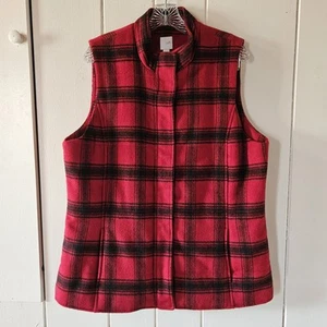 J. Jill Vest Size Large Red Black Buffalo Plaid Wool Blend Warm Full Zip Snap - Picture 1 of 4