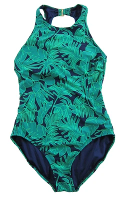 Lands' End Green Blue Tropical Floral High Neck One Piece Swimsuit Large - Image 1 of 4