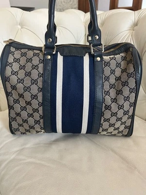 Bolso de Lona Gucci Boston Web Stripe GG Supreme 247205 - Herrajes Plateados - Usar Foto 1 de 4