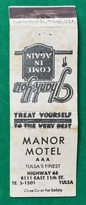 Ruta 66. TULSA, OKLAHOMA. MOTEL MANOR. cubierta de cerilla vintage PUBLICIDAD - Imagen 1 de 3