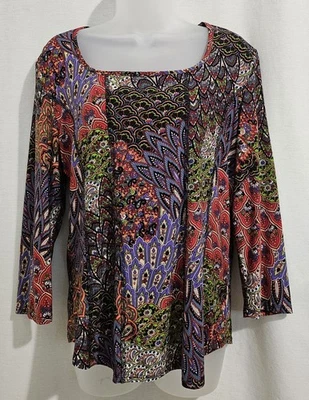 Libra TOP talla L, negro multicolor cachemir floral, cuello redondo manga 3/4, PolySpan Foto 1 de 4