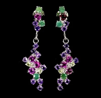 925Silber OHR HÄNGER Echte Edelsteine Rhodolith,Peridot Amethyst Emered 585rotVg - Bild 1 von 4