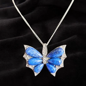Gorgeous Lapis Lazuli & White Crystal Butterfly Pendant & Sterling Silver Chain - Picture 1 of 7