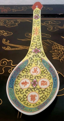 Китайская ложка для риса долголетия 8,5 дюйма ручная роспись фамильная розовая желтая редкая! - Изображение 1 из 4