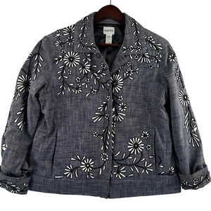 Chico's graue Baumwolljacke mit Blumenstickerei und Druckknöpfen Damengröße 8-10 schick - Bild 1 von 10