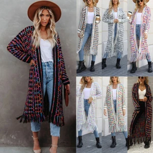 Ladies Chunky Knitted Sweater Fringe Jumper Long Maxi Cardigan Dress Coat Jacket - Picture 1 of 43