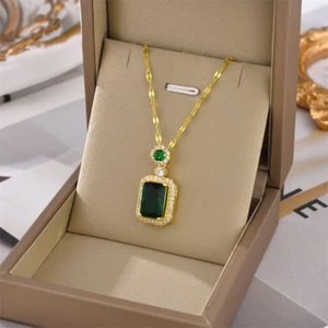 Collana Ciondolo Moda Gioielli Oro Verde Cubico Zircone Rettangolare 1-255 - Foto 1 di 9