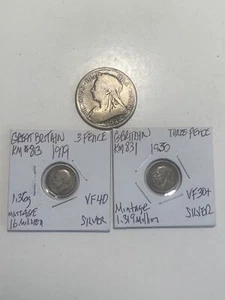 LOT (3) Great Britain Silver Coins 1893-1930 1/2 Crown & 3 Pence LQQK - Picture 1 of 12