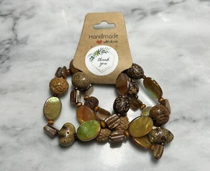 3 Vintage Wooden Nuts and Gemstone Stretch Bracelets Iridescent Must See! - Picture 1 of 6