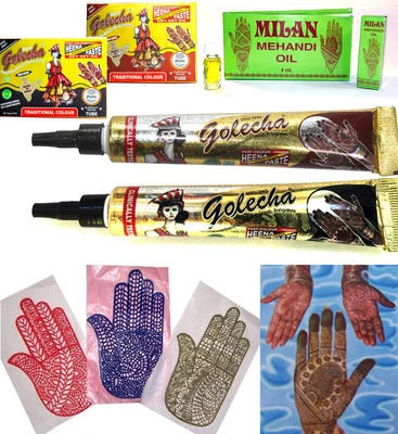 Henna Set Mehandi Stencils + Golecha Paste Tubes Red + Black á 25g + Oil 4ml