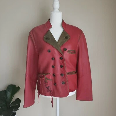 Chaqueta de cuero roja vintage años 80 original sonido LS detalles verdes talla 38 Foto 1 de 4