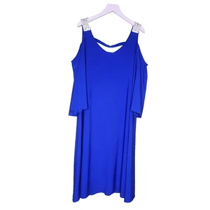 Midnight Velvet Dress XL Blue Shift Cold Shoulder Rhinestone Bell Sleeve Party - Picture 1 of 5